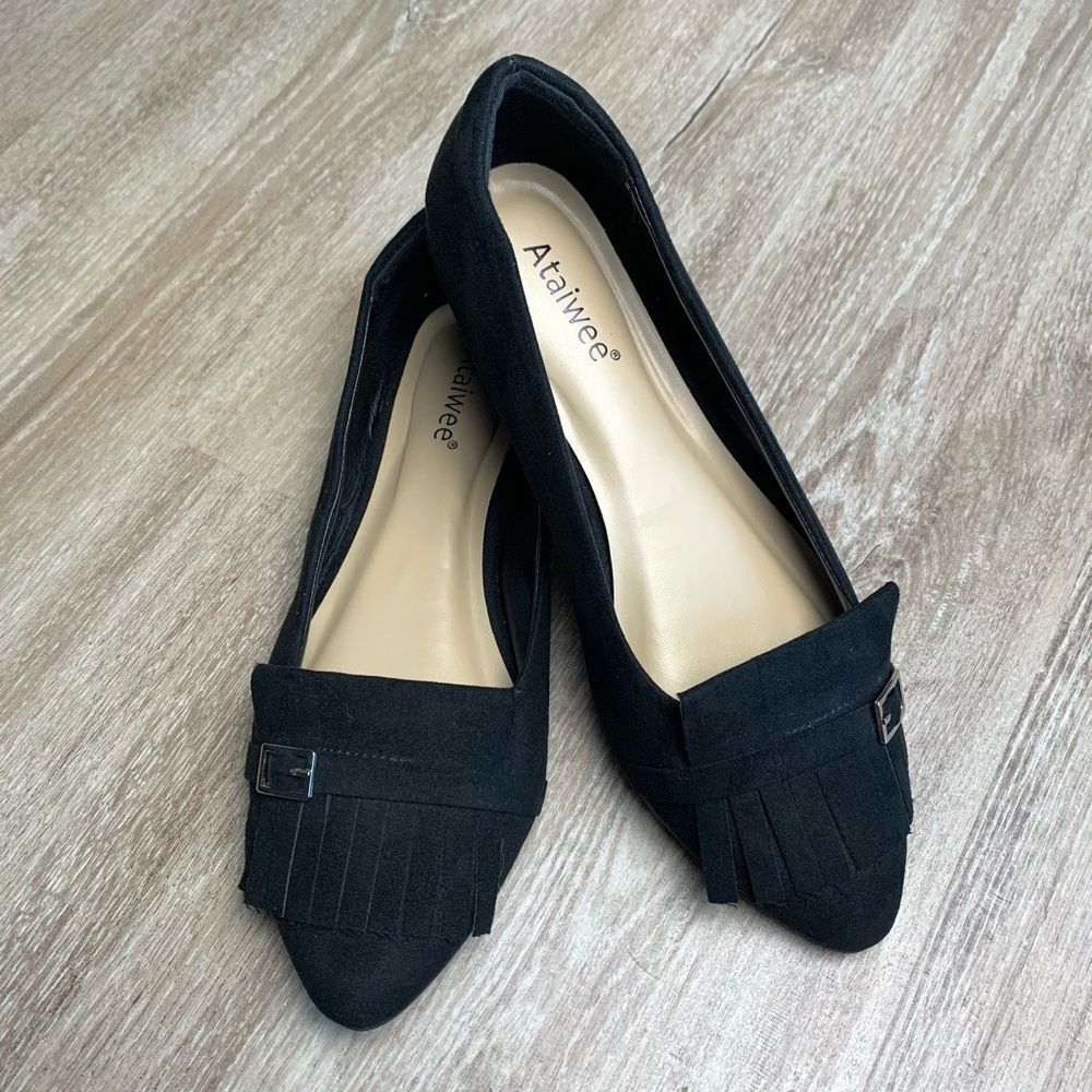 Ataiwee Black Suede Pointed Toe Black Fringe Flats With Buckle Size 6.5W